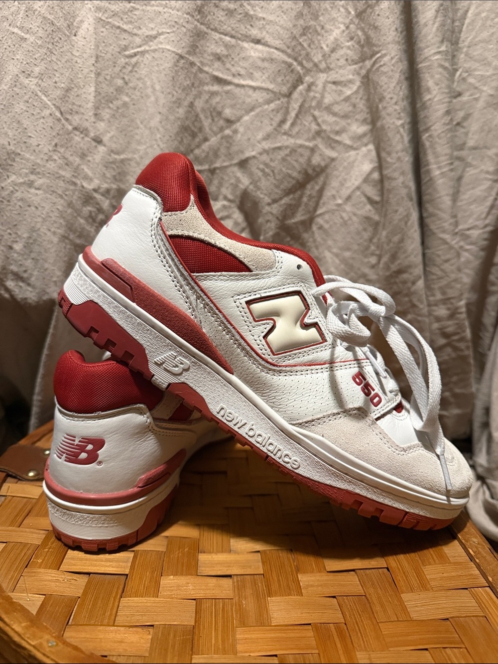Red & White New Balance 550 Sneakers (worn once, great condition)
